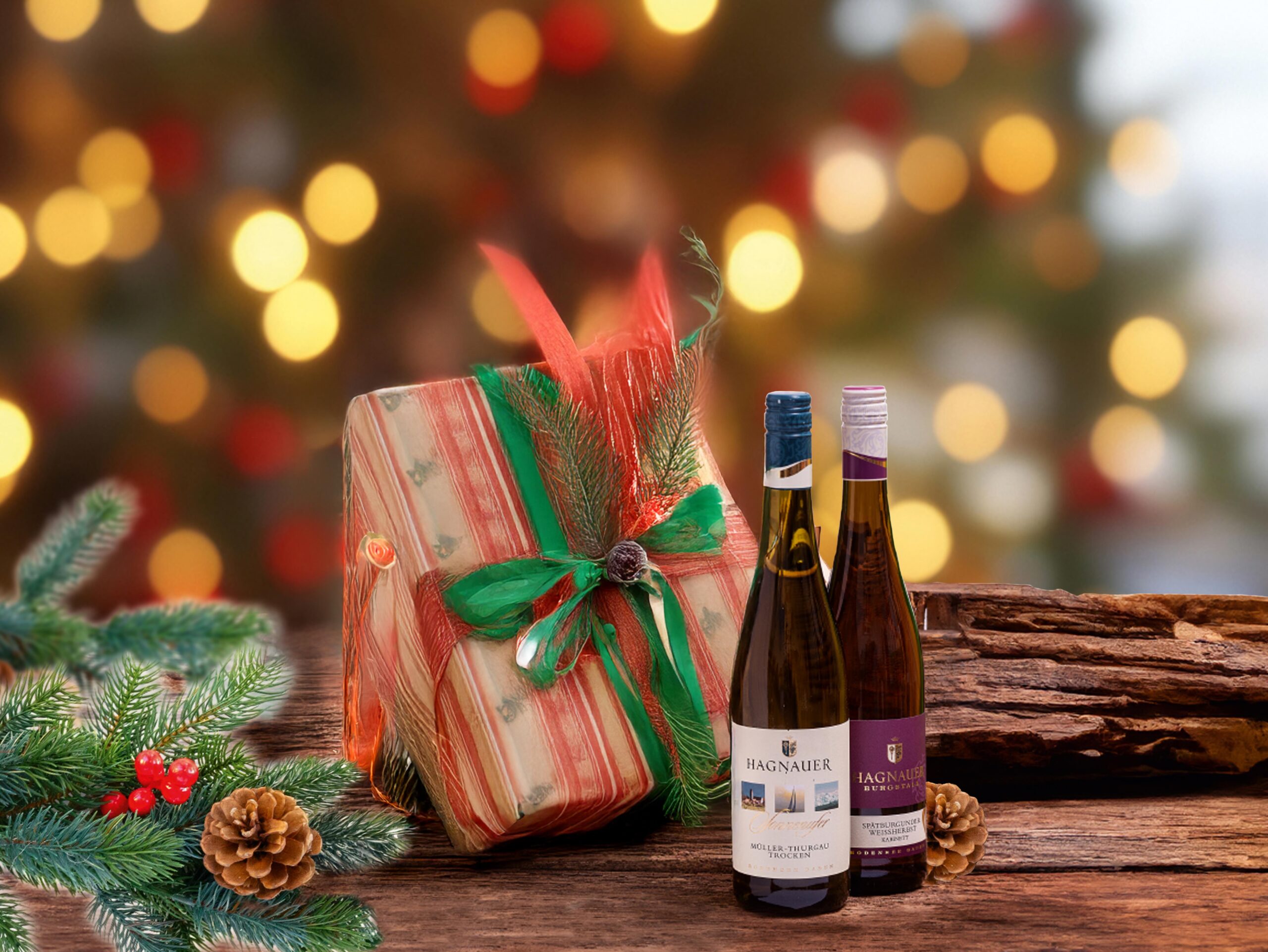 3 Flaschen Hagnauer Wein stehen auf einem groben Holztisch welcher Weihnachtlich dekoriert ist