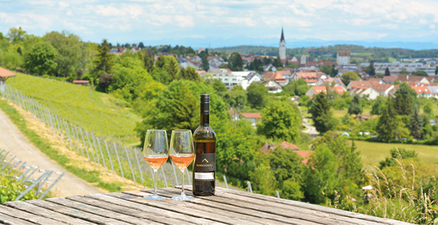 Eine Weinflasche von Markdorfer Rosé im Hintergrund Markdorf